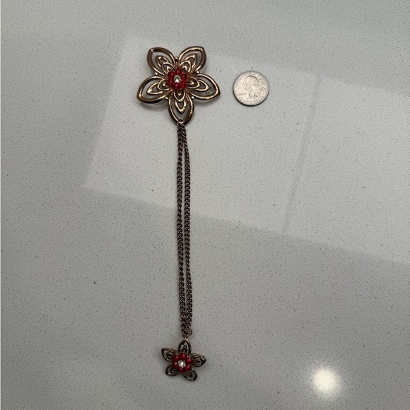 Vintage Flowers Double Brooch Sweater Chain Gold Tone Rhinestones Chatelaine - Picture 10 of 12